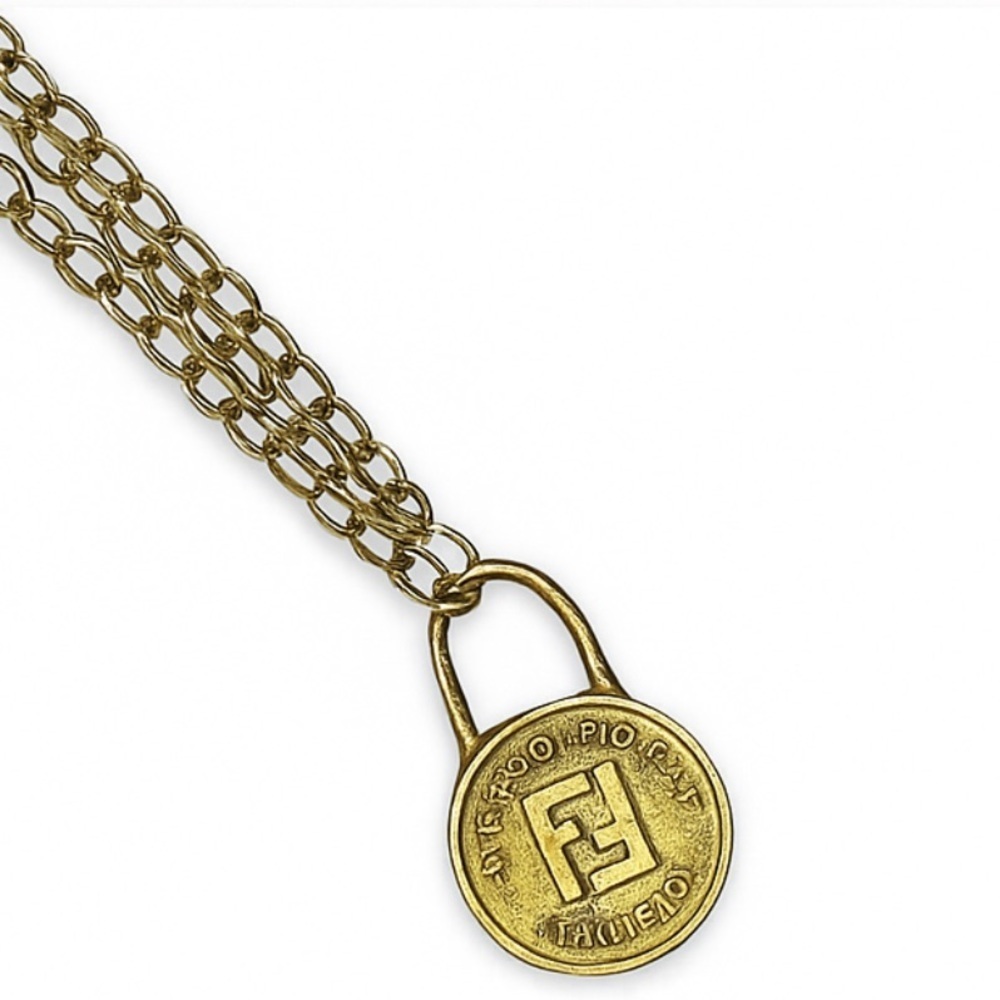 Fendi Zipper Pull Medallion and Chain Necklace Authentic Vintage 1993 Logo